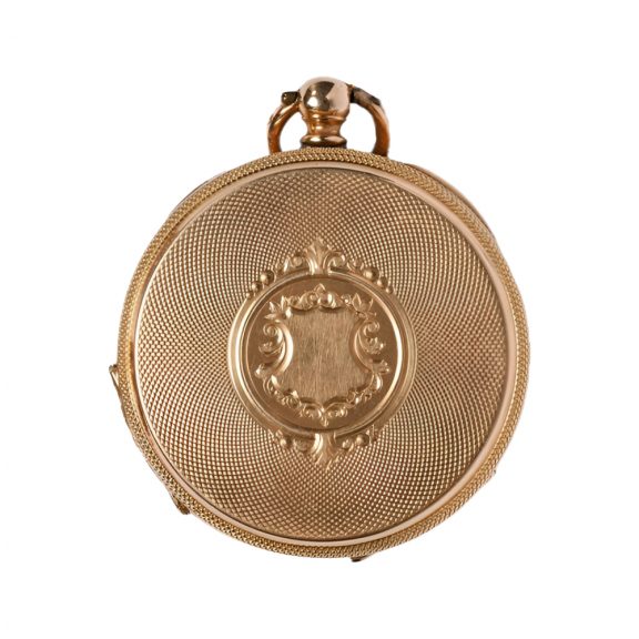 Swiss 18 carat gold open faced lever watch with chain Circa 1900 Swiss 18 carat gold open faced lever watch with chain Circa 1900