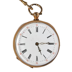 Swiss 18 carat gold open faced lever watch with chain Circa 1900