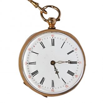 Swiss 18 carat gold open faced lever watch with chain Circa 1900