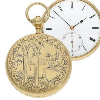 Decorative Swiss 18K gold cabriolet watch Circa 1850