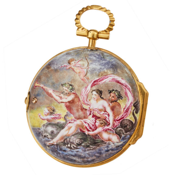 A 18k gold polychrome enamel painted date verge A 18k gold polychrome enamel painted date verge
