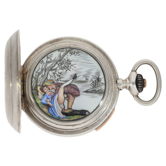 Swiss silver lever watch with concealed erotic automaton Circa 1890