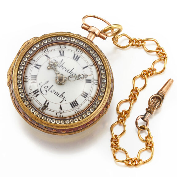 A Swiss verge watch gold and enamel triple cased Circa 1760 A Swiss verge watch gold and enamel triple cased Circa 1760