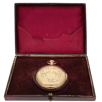 Decorative German quarter repeating hunting cased lever Circa 1882 Decorative German quarter repeating hunting cased lever Circa 1882