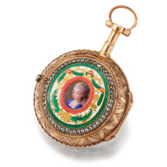A very small French verge in gold and enamel case Circa 1770
