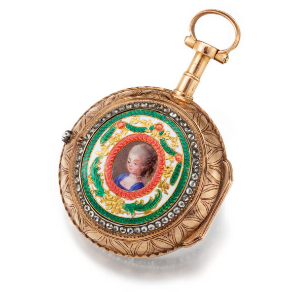A very small French verge in gold and enamel case Circa 1770 A very small French verge in gold and enamel case Circa 1770