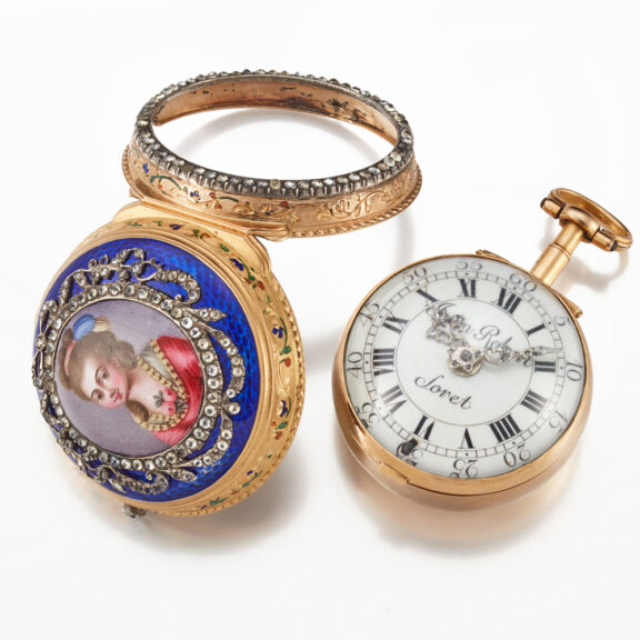 A Swiss verge in 18k gold and enamel pair cases Circa 1760 A Swiss verge in 18k gold and enamel pair cases Circa 1760