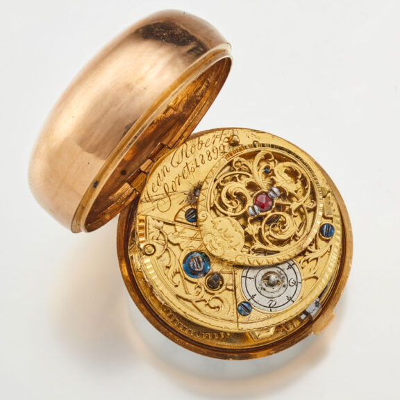 A Swiss verge in 18k gold and enamel pair cases Circa 1760 A Swiss verge in 18k gold and enamel pair cases Circa 1760