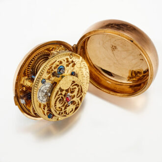 A Swiss verge in 18k gold and enamel pair cases Circa 1760 A Swiss verge in 18k gold and enamel pair cases Circa 1760