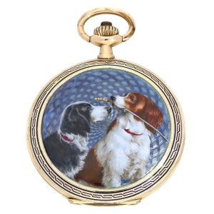 Swiss gold/enamel watch with a portrait of two dogs Circa 1915