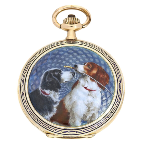 Swiss gold/enamel watch with a portrait of two dogs Circa 1915