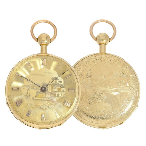 Swiss gold repeater with elaborately engraved case Circa 1820 Swiss gold repeater with elaborately engraved case Circa 1820