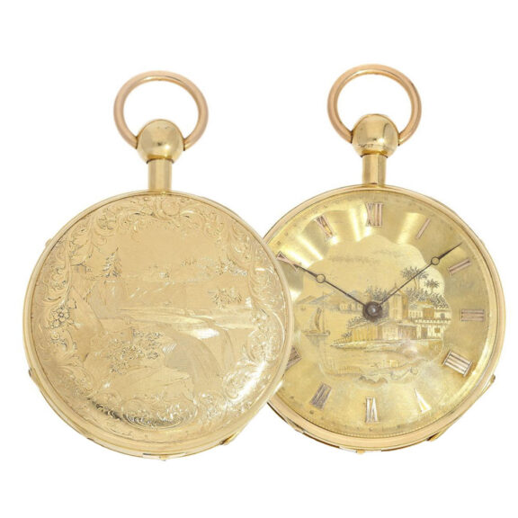 Swiss gold repeater with elaborately engraved case Circa 1820 Swiss gold repeater with elaborately engraved case Circa 1820
