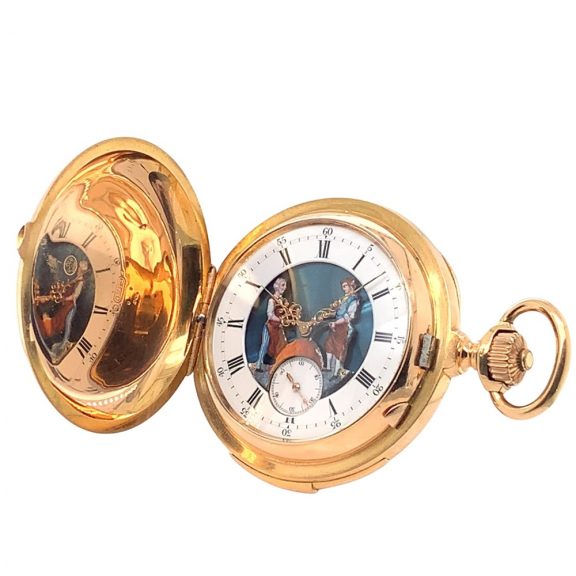 Swiss gold minute repeating automaton watch Circa 1900 Swiss gold minute repeating automaton watch Circa 1900