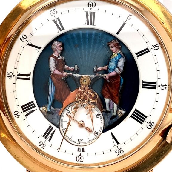 Swiss gold minute repeating automaton watch Circa 1900 Swiss gold minute repeating automaton watch Circa 1900