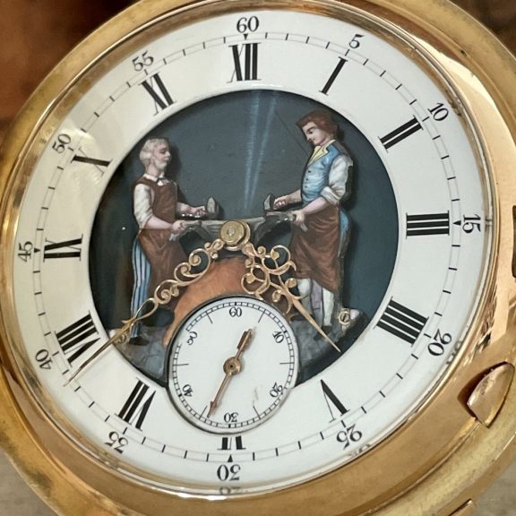 Swiss gold minute repeating automaton watch Circa 1900 Swiss gold minute repeating automaton watch Circa 1900