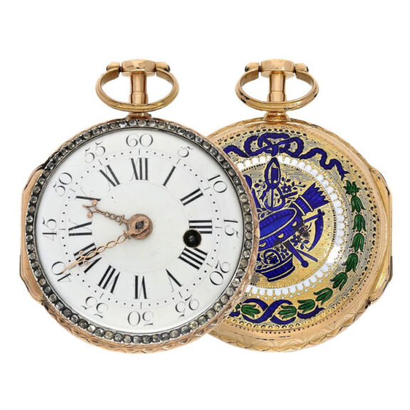 French gold, enamel watch with chatelaine and key Circa 1760 French gold, enamel watch with chatelaine and key Circa 1760