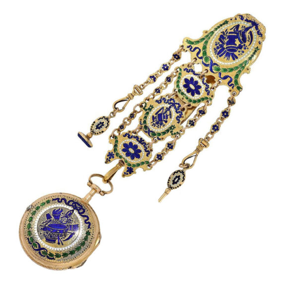 French gold, enamel watch with chatelaine and key Circa 1760 French gold, enamel watch with chatelaine and key Circa 1760