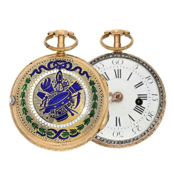 French gold, enamel watch with chatelaine and key Circa 1760