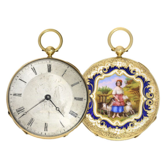 Flat Swiss 18K gold and enamel cylinder watch Circa 1835 Flat Swiss 18K gold and enamel cylinder watch Circa 1835