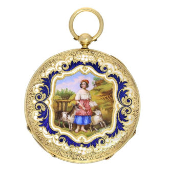 Flat Swiss 18K gold and enamel cylinder watch Circa 1835