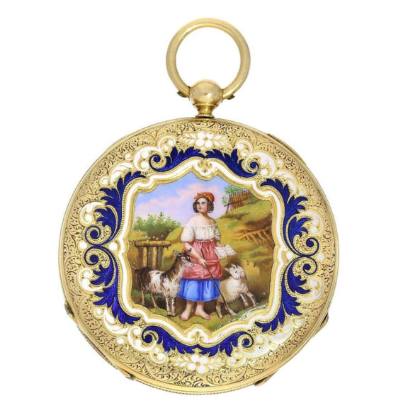 Flat Swiss 18K gold and enamel cylinder watch Circa 1835