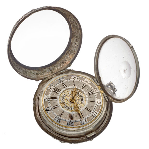 A Dutch verge with date and silver champleve dial Circa 1720 A Dutch verge with date and silver champleve dial Circa 1720