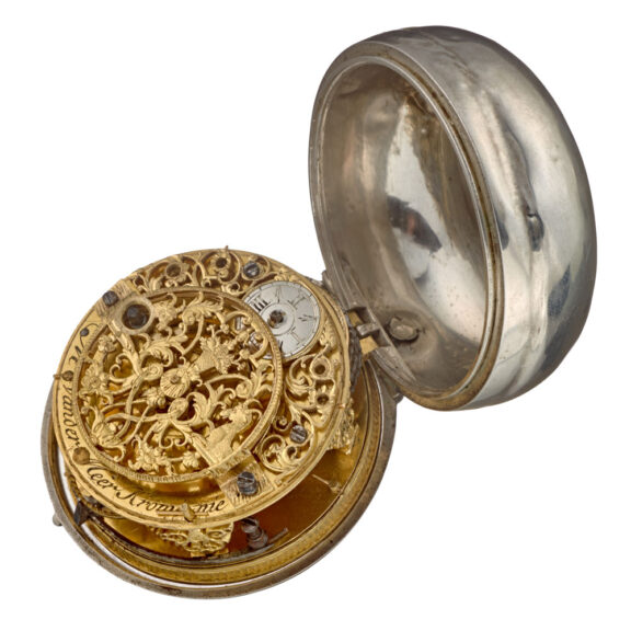 A Dutch verge with date and silver champleve dial Circa 1720 A Dutch verge with date and silver champleve dial Circa 1720
