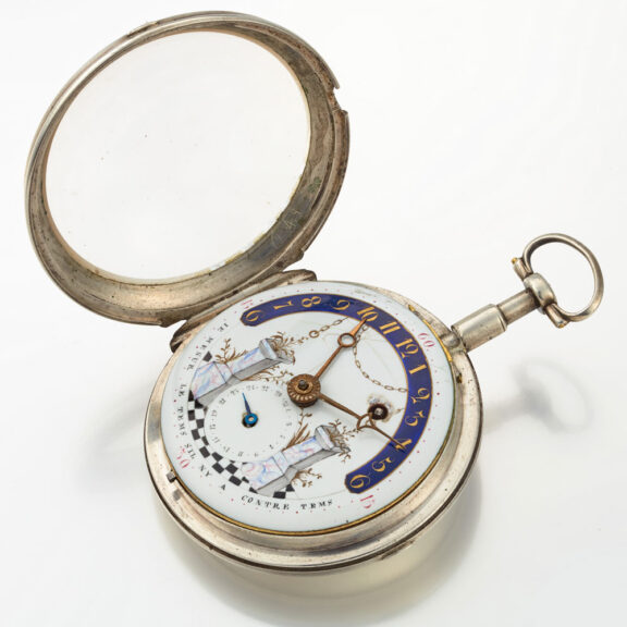 A very unusual verge with date in a silver case Circa 1790 A very unusual verge with date in a silver case Circa 1790