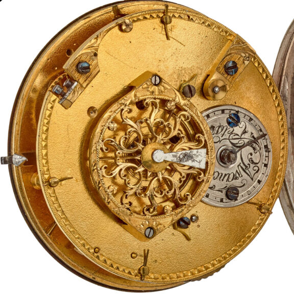 A very unusual verge with date in a silver case Circa 1790 A very unusual verge with date in a silver case Circa 1790
