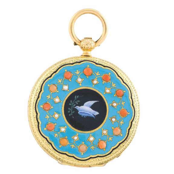 Swiss gold enamel coral and pearl set lady’s pendant watch Circa 1865