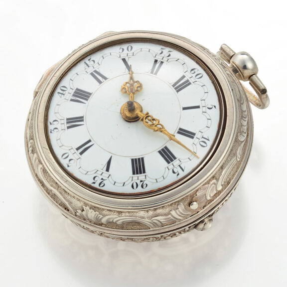 A Dutch verge watch in a silver repousse cast case Circa 1730 A Dutch verge watch in a silver repousse cast case Circa 1730