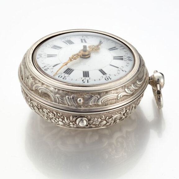 A Dutch verge watch in a silver repousse cast case Circa 1730 A Dutch verge watch in a silver repousse cast case Circa 1730