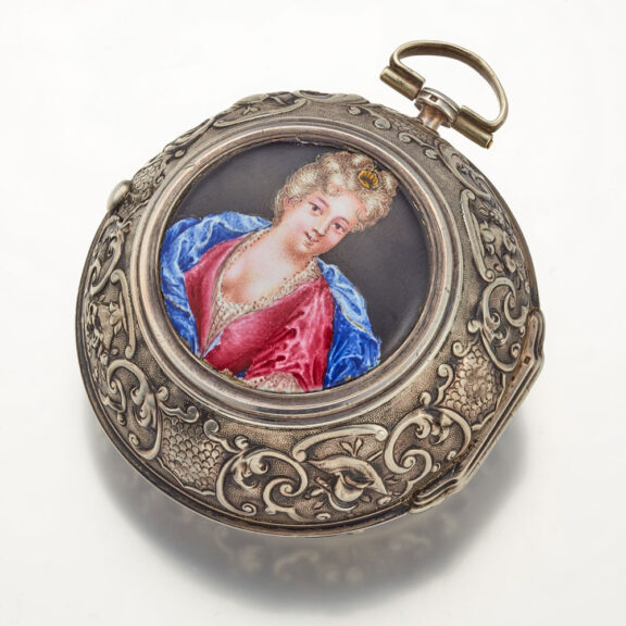 An early English silver verge watch with portrait Circa 1695 An early English silver verge watch with portrait Circa 1695