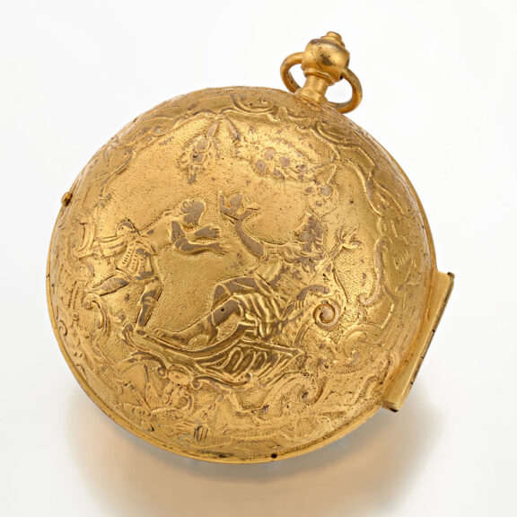 A gilt pocket watch with very thick relief case Circa 1715 A gilt pocket watch with very thick relief case Circa 1715