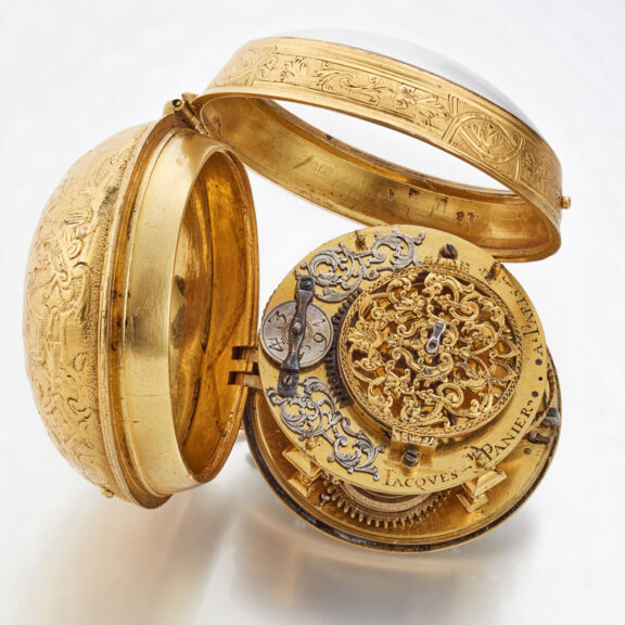 A gilt pocket watch with very thick relief case Circa 1715 A gilt pocket watch with very thick relief case Circa 1715