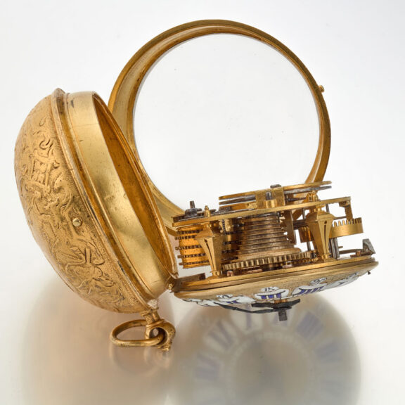 A gilt pocket watch with very thick relief case Circa 1715 A gilt pocket watch with very thick relief case Circa 1715