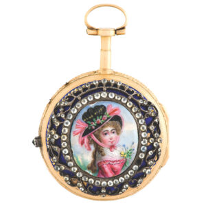 Fine and rare gold and painted on enamel paste-set pair-cased Montre a Portrait made by Monnier & Mussard, Genève, Circa 1780