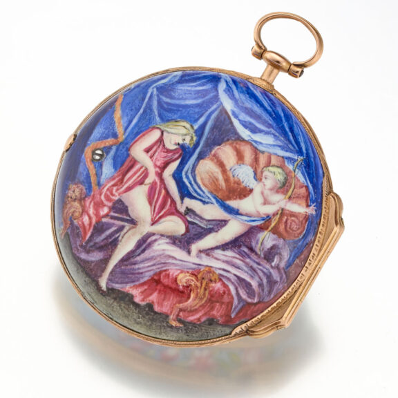 A 18 carat gold polychrome enamel painted verge Circa 1760 A 18 carat gold polychrome enamel painted verge Circa 1760