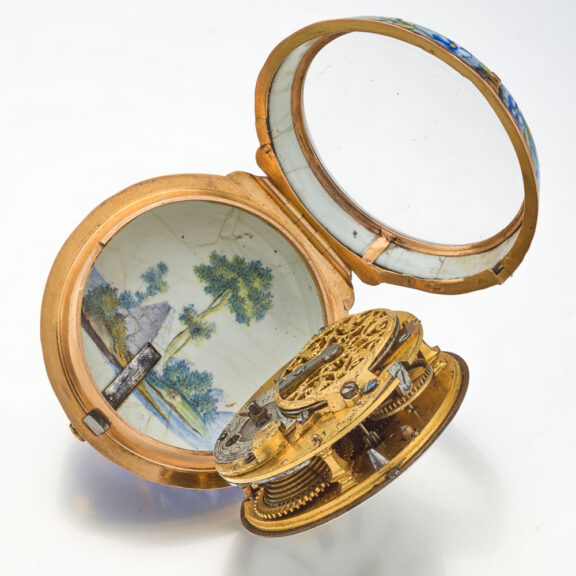 A 18 carat gold polychrome enamel painted verge Circa 1760 A 18 carat gold polychrome enamel painted verge Circa 1760