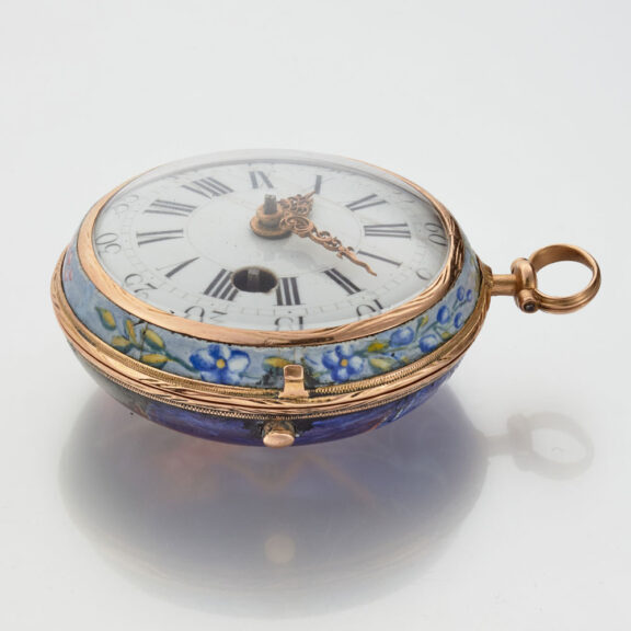 A 18 carat gold polychrome enamel painted verge Circa 1760 A 18 carat gold polychrome enamel painted verge Circa 1760