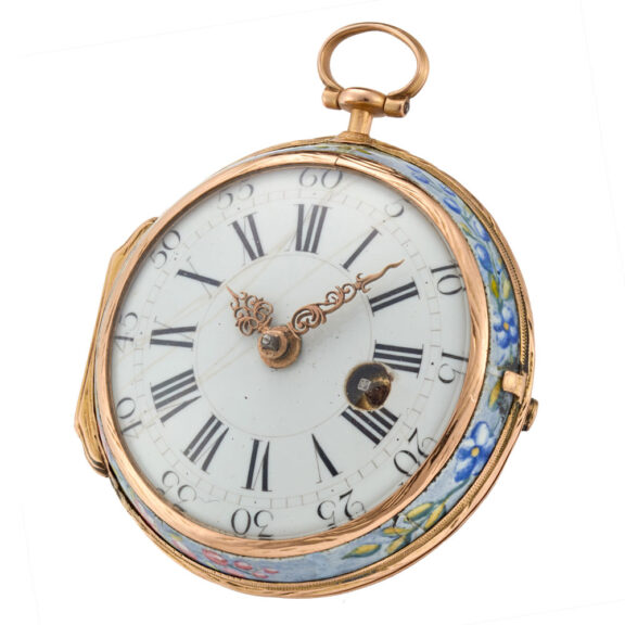 A 18 carat gold polychrome enamel painted verge Circa 1760 A 18 carat gold polychrome enamel painted verge Circa 1760