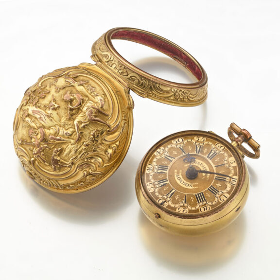 English verge with chatelaine in repousse pair cases Circa 1750 English verge with chatelaine in repousse pair cases Circa 1750