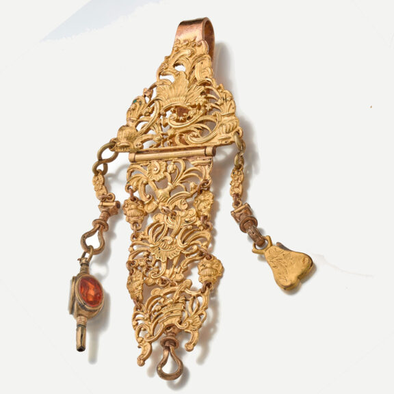 English verge with chatelaine in repousse pair cases Circa 1750 English verge with chatelaine in repousse pair cases Circa 1750