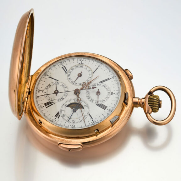 A Swiss 18k gold complicated lever pocket watch Circa 1900 A Swiss 18k gold complicated lever pocket watch Circa 1900