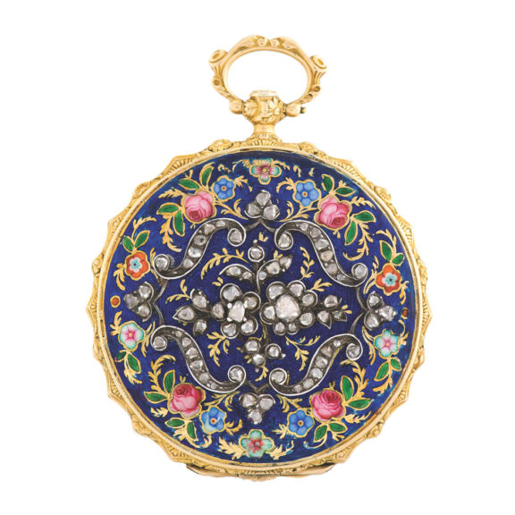 Swiss champlevé painted on enamel lady’s hunting cased pendant watch Circa 1845
