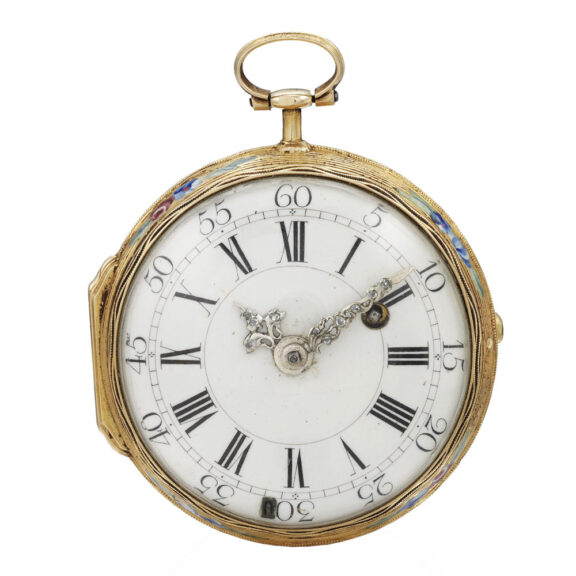 A GOLD AND ENAMEL VERGE WATCH CIRCA 1750 A GOLD AND ENAMEL VERGE WATCH CIRCA 1750