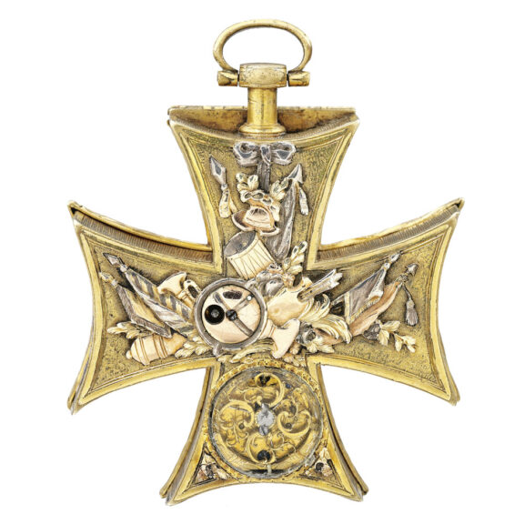 English gilt maltese cross form verge with calendar Circa 1780 English gilt maltese cross form verge with calendar Circa 1780