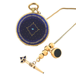 Swiss pendant watch with gold long chain gold and enamel key Circa 1840