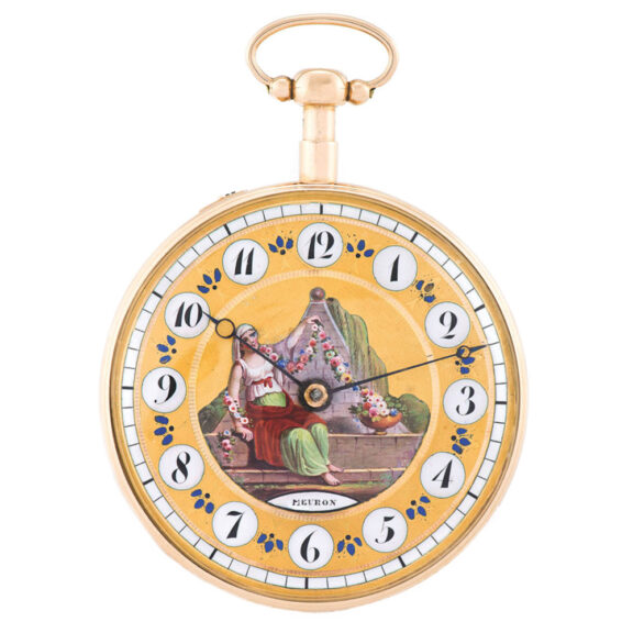 A very fine and rare, quarter-repeating, 18 carat pink gold pocket watch with a fine painted-on enamel gold dial Circa 1810